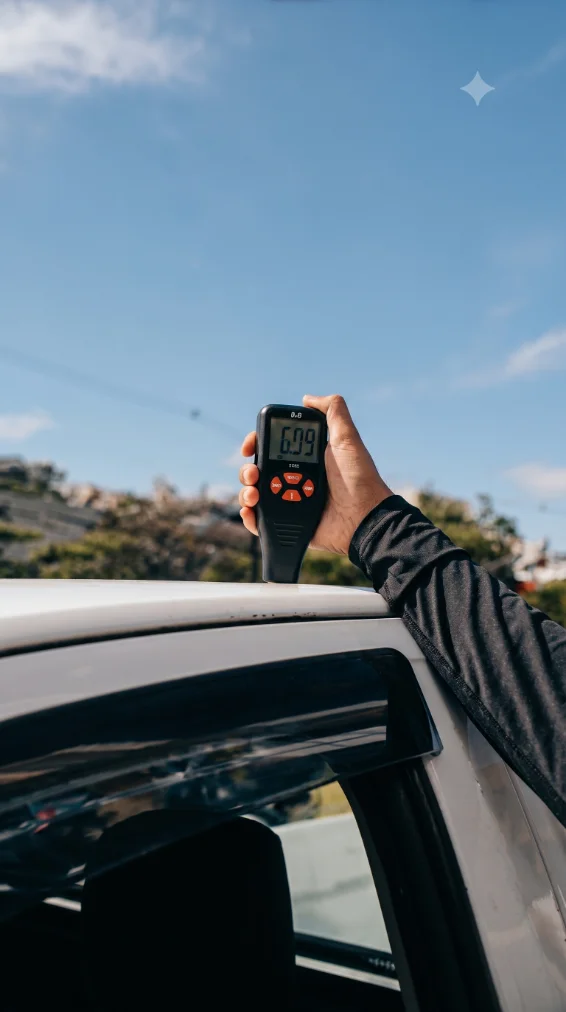 Vistoriador da PMAX360 medindo a espessura da pintura de um carro